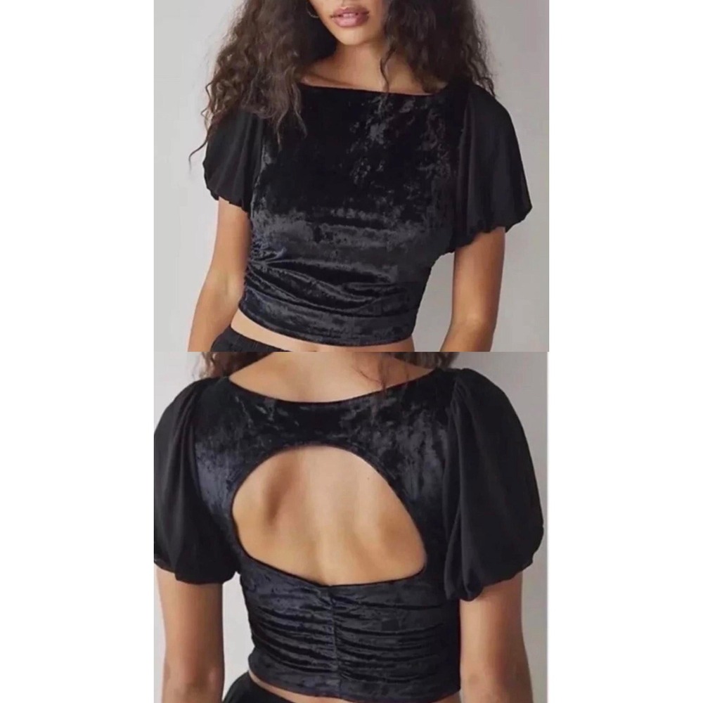 Free People Intimately Black Velvet Puff Sleeve Cutout Back Crop Top Small